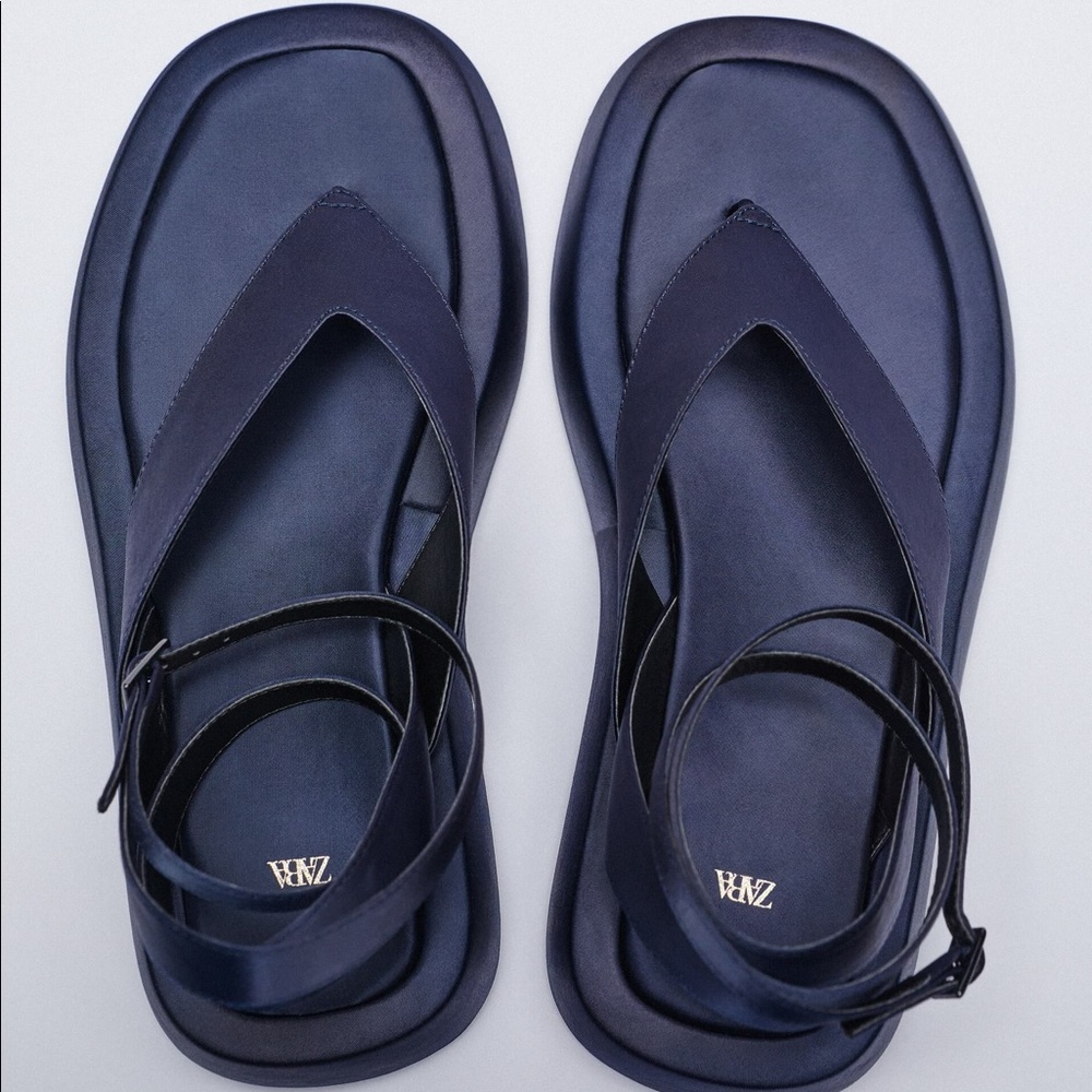 Zara Navy Satin Wrap Sandals Size 8